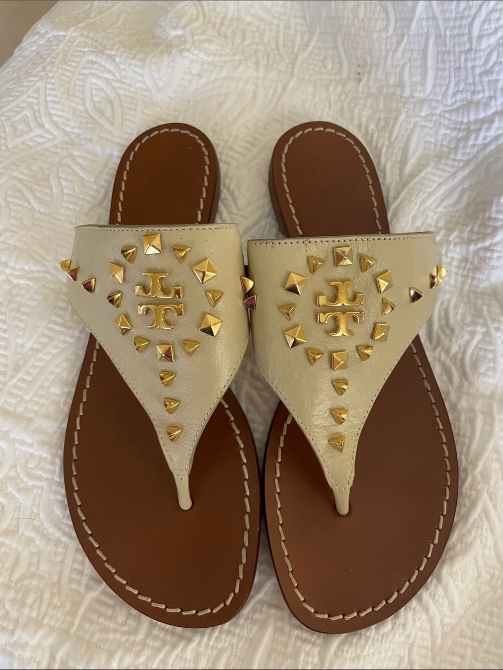 Tory Burch Cream Leather Logo Stud Thong Sandals